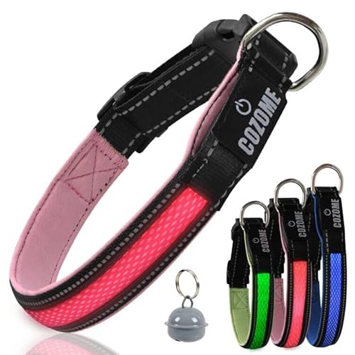 COZOME Collar de Perro LED, Collar de Perro Impermeable Ajustable con 7 Colores Claros, Collar de Perro con Luz Recargable USB para Perros (M, Rosa) Cover