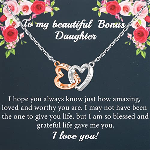 PLITI Bonus Daughter Gift Stepdaughter Birthday gift To My Bonus Daughter Interlocking Heart Pendant Necklace (daughter beautiful d heartU)