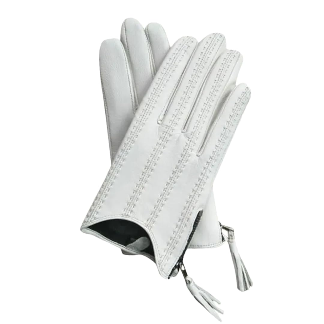 Guantes de conducción con flecos de poliuretano para mujer, estilo corto, con cremallera, para otoño e invierno, con forro de terciopelo, color beige y blanco, talla S, En8, S