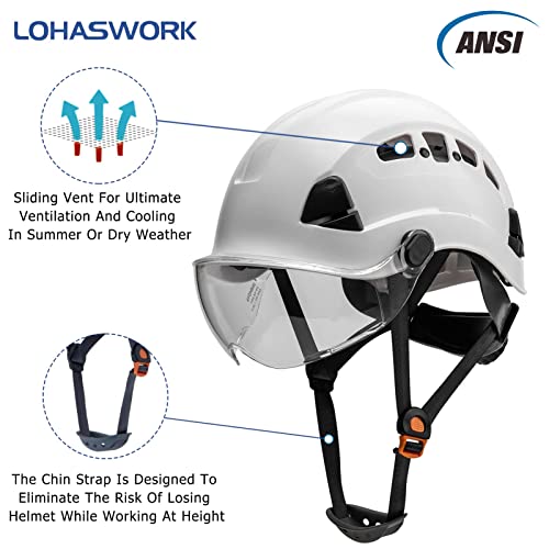 Lohaswork Safety Hard Hat Ansi Z89.1 Approved,Adjustable Safety Helmet With Visor,6-Point Suspension,Construction Forestry Aborist Work(01White Clear Visor) #TOP2