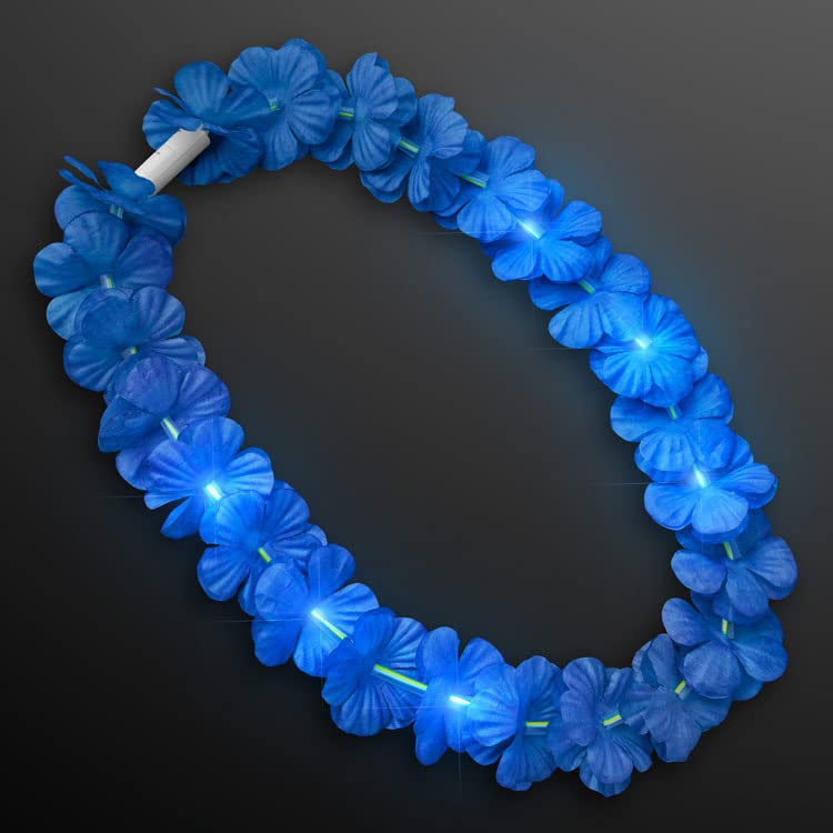 Light Up Hawaiian Flower Lei Necklace Blue for Tropical Parties & Events – Two Light Modes, Replaceable Batteries Included – Comfortable & Lightweight Accessory - Hawaii Department4
