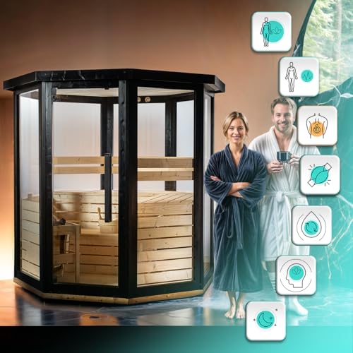 GLOBAL RELAX® DHARANI Passion Outdoor Sauna Stoompan voor maximaal 4 of 5 personen, dennenhout, instelbare temperatuur, led-verlichting, T/H-meter, 8000 W vermogen, verwijdert giftige stoffen, - Afbeelding 3