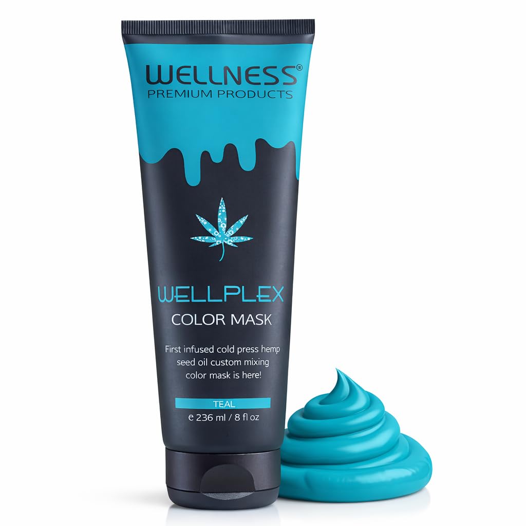 Wellness Vivid Color Hair Mask - Semi Permanent Hair Color with Keratin Hair Treatment with Organic Hemp Seed Oil for hair gloss - Long Lasting Color Depositing Mask, Teal, 8 Oz
