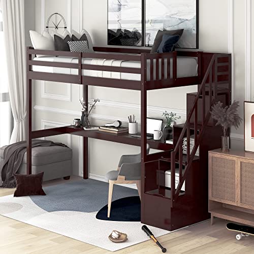 Aleyha Twin Size Loft Bed,Bed Material:pine Wood+Mdf,Overall Product Dimension:92.3''L*41.3''W*70.9''H,With Staircase And Built-In Desk,Espresso #TOP2