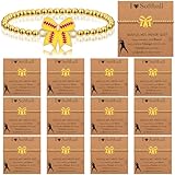 Huquary 20 Pcs Bow Gold Beaded Sports Bracelets Stretch Sports Bracelets with Inspirational Cards for Team Gifts Party Favors(Softball)