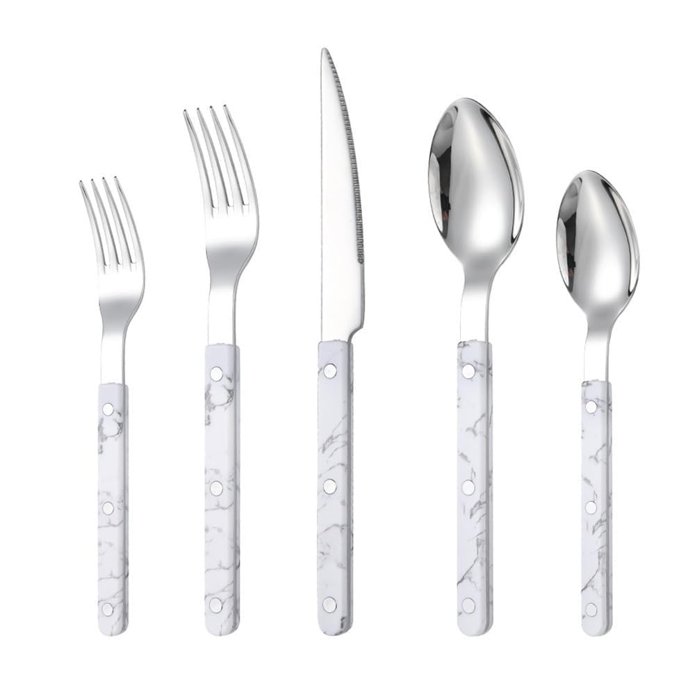 Rivet ABS Clamp Handle Kitchen Stainless Steel Silverware Tableware Flatware Cutlery Set Steak Knife Fork Spoon Teaspoon Western Tableware Butter Knife Set (White,5 pieces)