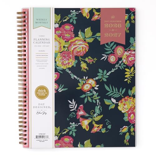 Blue Sky Day Designer 2026-2027 Weekly and Monthly Academic Year Planner Calendar July 2026 - June 2027 8.5 x 11 Clear Pocket Cover Laminated Tabs Storage Pocket Includes Stickers Peyton Navy