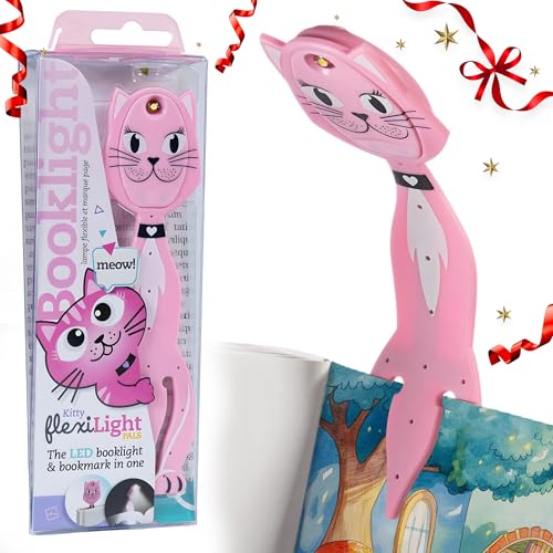 Image of Gifts for Readers & Writers Book Light for Kids, Clip On Reading Light for Bed, 2in1 Flexilight Pals & Bookmark, Small & Lightweight with a Soft Glow, 2 Batteries Included, Cat