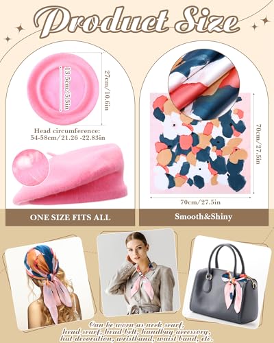 6 Pcs Silk Feeling Scarf 27.5 Inch French Beret Hats for Women Gold Plated Hoop Earrings Set Satin Oil Paint Head Scarf for Gift2