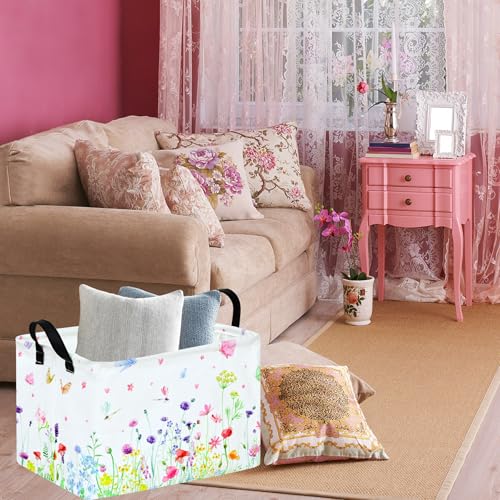 Image of Spring Flower Gift Storage Basket Rectangle Storage Organizer for Nursery Hamper Home Bedroom Laundry Hamper Shelf Baskets.