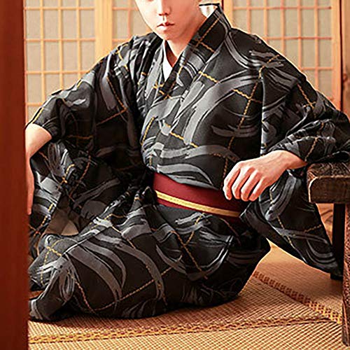 Men's Japanese Traditional Kimono Robe Long Sleeve Spa Bathrobe Easy Wearing Yukata Sleepwear Nightgown Unisex OBI Belt Set (One Size, 814# Black) 6