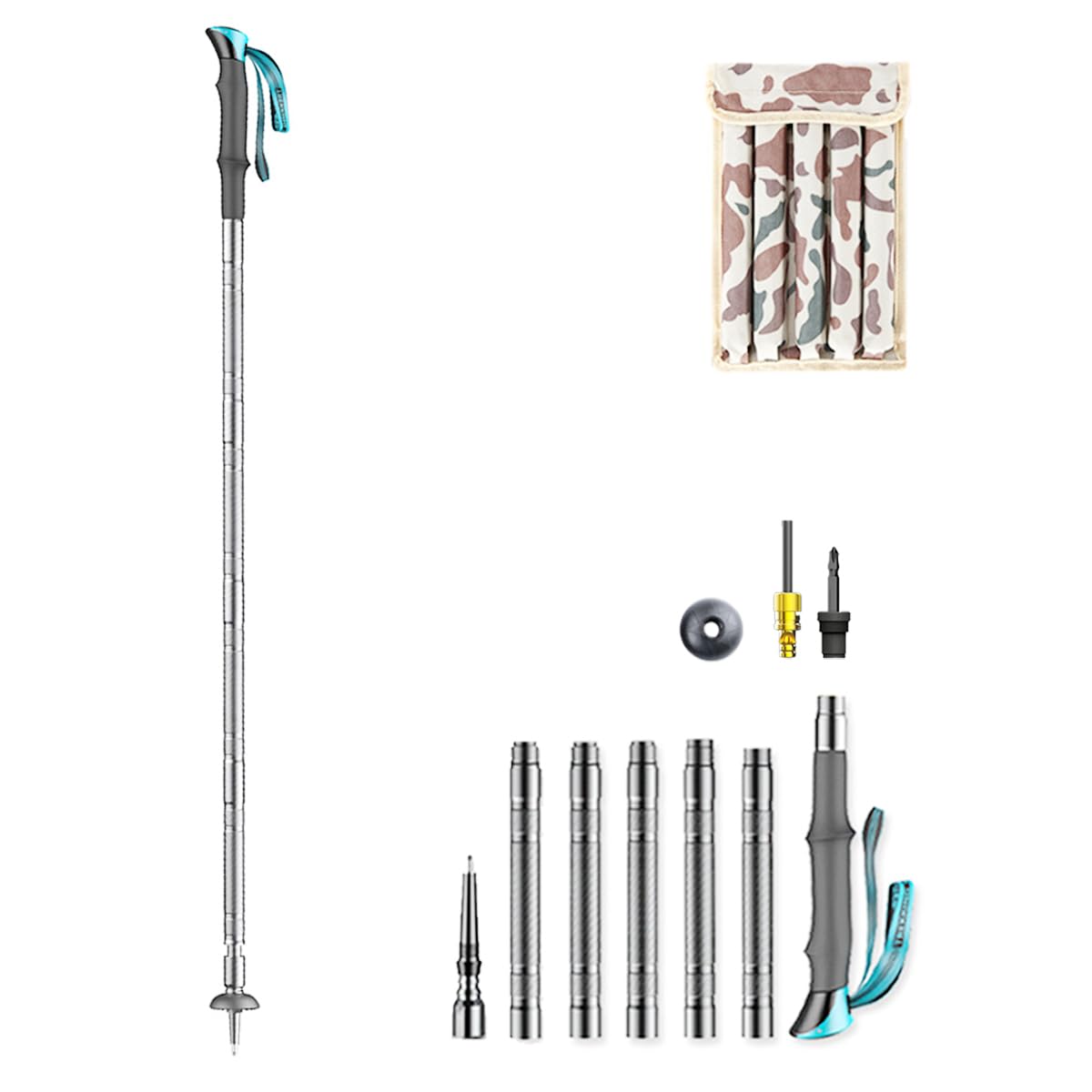 Multifunctional hiking trekking poles, adjustable trekking poles with internal tool storage space, canvas storage bag, suitable for hiking, camping, mountaineering travel.