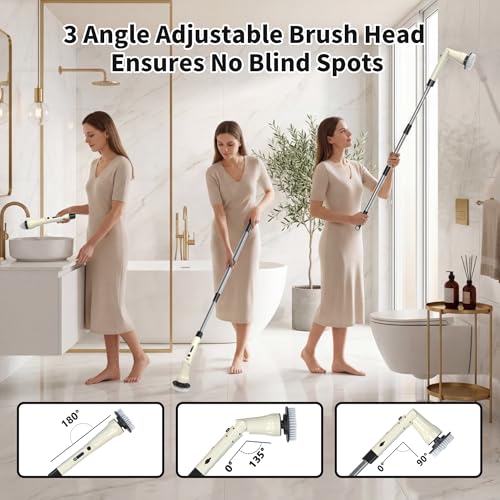 Image of Electric Spin Scrubber, Hillyfe Bath Scrubber for Cleaning with 7 Replaceable Brush Heads, IPX7 Waterproof,300 /400 RPM, 3 Adjustable Size,Cordless Shower Cleaner Brush for Bathroom Floor,Beige