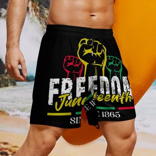 Mens Swim Trunks with Compression Liner, Juneteenth Black History Printed Beach Board Shorts4