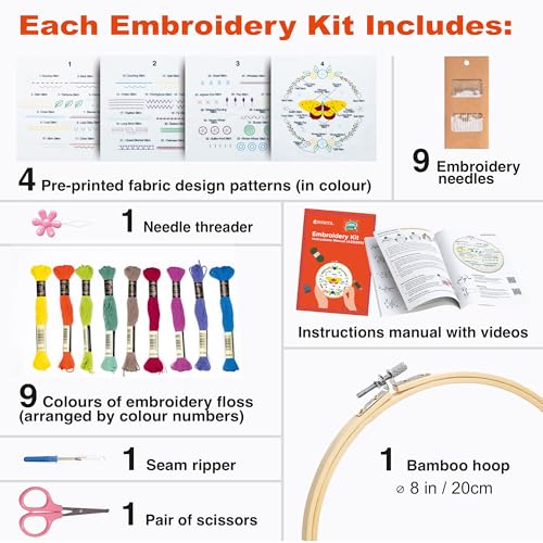 Azenera Beginner Embroidery Kit (4 Pack) Learn 33 Stitches with Easy DIY Video Tutorials, Coloured Design Patterns, Thread Floss, Cross Stitch Hoop, Gift (AZD200)