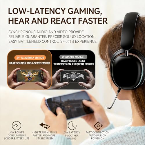 Image of Over-Ear Wireless Bluetooth Headphones with 5.3 Chip, 20H Playtime, 40mm Drivers, Foldable & Lightweight Design, RGB Lighting, Dual Mic for Clear Calls, Compatible with PC /Phone, SY-T3 Black.