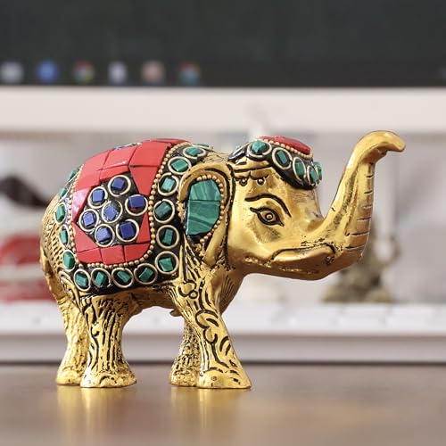 Image of KridayKraft Metal Elephant Small Size with Stone Work for Showpiece Enhance Your Home, Office and Table - Multicolour