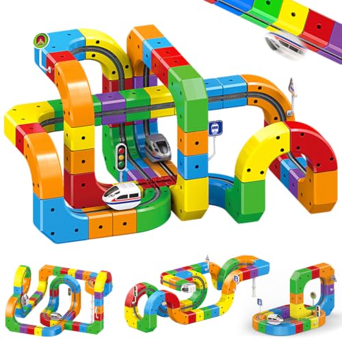 Electric Magnetic Train Track Sets,Building Toy Train Track，Magic Cars Sets,Gravity Defying 3D Embedded Layouts & Motorized Car,for 3-7 Years Old Toddler Boys and Girls Birthday (123PCS-Two Cars)