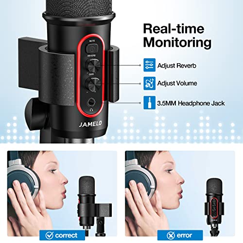 Jamelo Usb Microphone, Computer Condenser Gaming Mic For Pc/Laptop/Phone/Ps4/5, Headphone Output, Volume Control,Plug And Play, Led Mute Button, For Streaming, Podcast, Studio Recording #TOP3