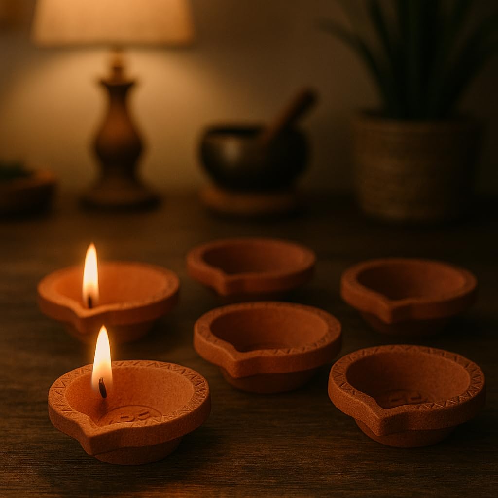 Home Genie Lot De 6 Diyas En Argile Peintes à La Main - Lanternes Mitti Diya Fleur Ronde Rouge Pour Décoration Diwali