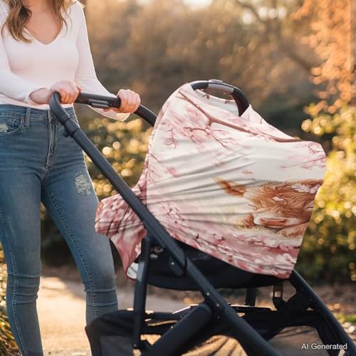 Image of Wanyint Highland Cow Flower Pink Infant Car Seat Cover Cute Car Seat Cover for Babies, Carseat Canopy Baby Breastfeeding Stroller High Chair Shopping Cart Cover