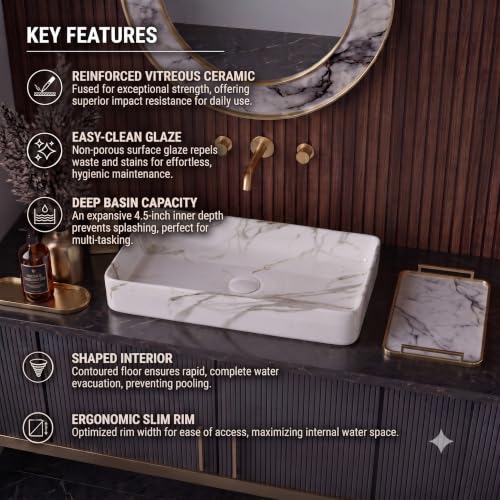 Image of Designer Ceramic Table Top Vessel Sink Wash Basin For Bathroom | Wash Basin Over Counter | Countertop Bathroom sink (24 x 14 x 5 Inch) (Designer White Green)