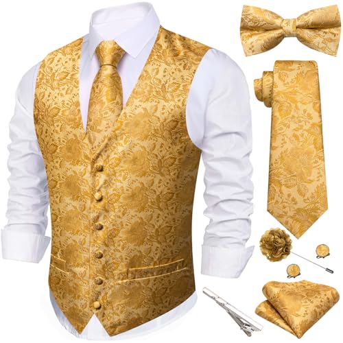 Barry.Wang Men's Silk Vest Tie Bowtie Brooch Set Formal/Leisure Paisley/Flower V-neck Vests Wedding Party Waistcoat 7PCS