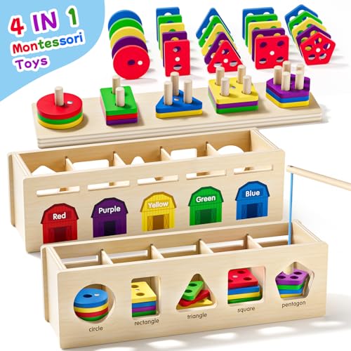 Image of UMEREACT Montessori 4 in 1 Wooden Sorting Shape Sorter and Stacking Toy Box Color Matching Counting Fishing Game Preschool Educational Toys for 3 Years Boys and Girls Gifts