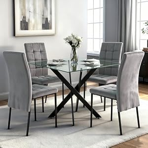 5-Piece Square Tempered Glass Dining Table Set for 4, Cross Metal Leg Modern Kitchen Table Set with 4 High-Back Velvet Upholstered Chair for Dining Room, Apartment（Grey Chair）