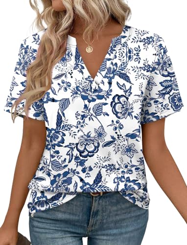 Image of WEESO Womens Tops Summer Short Sleeve V Neck Blouses Business Casual Loose Fit Tshirts Trendy Fashion Outfits