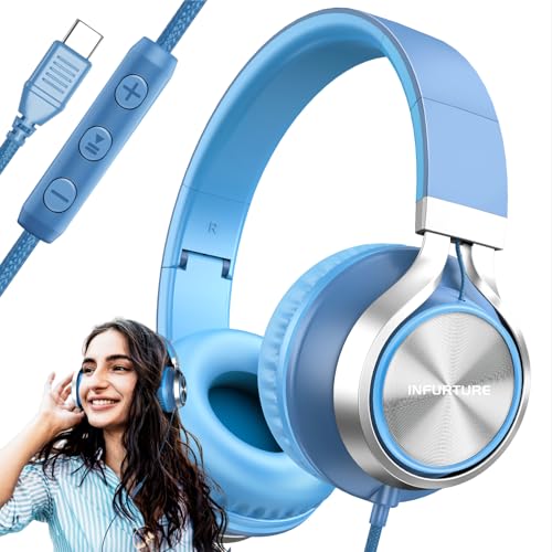 INFURTURE USB C Kopfhörer Kabelgebunden mit Mikrofon & Lautstärkeregler, verwicklungsfreie Flechtlinie, Over/On-Ear-Kopfhörer, leicht, faltbar, für Shool, Tablet, Samsung, iPhone 16/15 Serie
