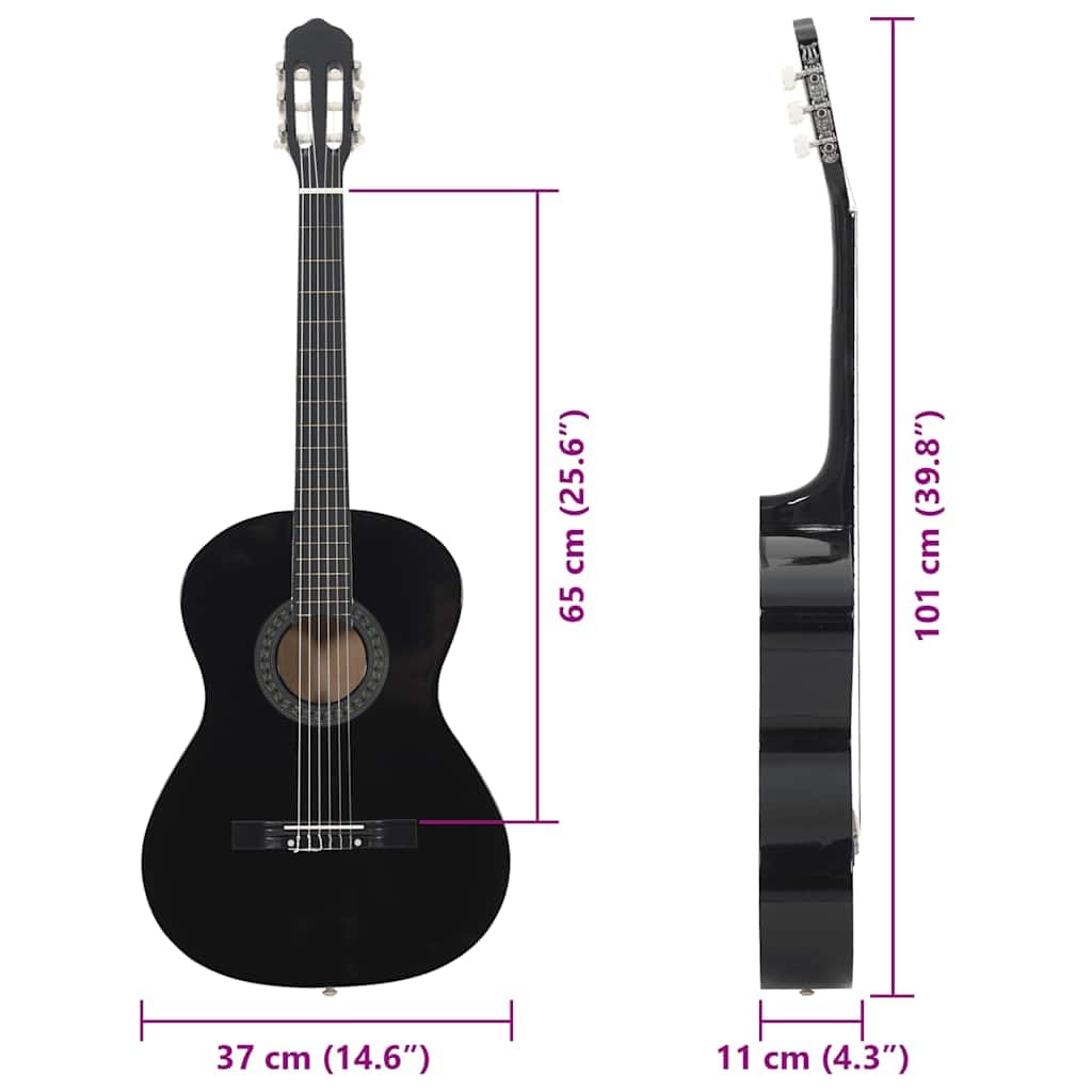 12-teiliges Klassikgitarren Set für Anfänger 4/4 39 Zoll schwarz Lindenholz Konzertgitarre mit Tasche Gurt Plektrum Kapodaster Stimmgerät Saitenständer zum Üben