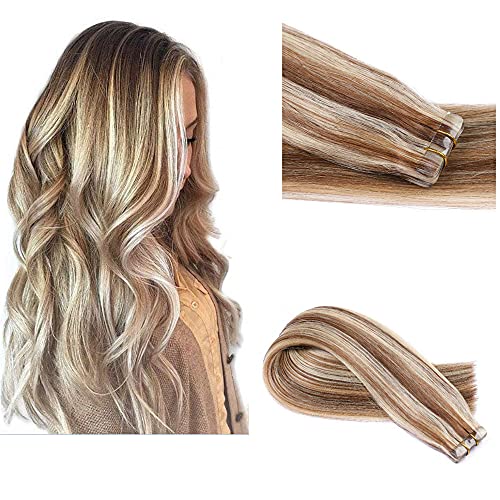 Tape in Extensions Human Hair Seamless Hair Extensions Double Drawn Human Hair Extensions 22'' 60g Natural Invisible Skin Weft Tape on Real Remy Hair Extensions Silky Straight Highlight Seamless Glue in Brazilian Human Hair Extensions for Bla