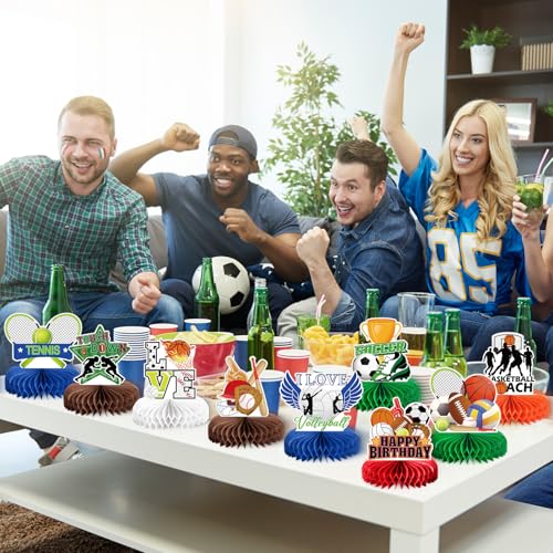 Image of 9pcs Sports Birthday Party Decorations, Sports Themed Honeycomb Centerpiece 3D Double Sided Table Decor for Birthday Competition Party Decorations& Favors