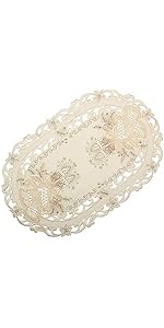 Quinnyshop Betoverende kerst tafelloper / tafelkleed crèmewit met gouden kaarsen klokken borduurwerk - grootte naar keuze (ca. 30 cm rond