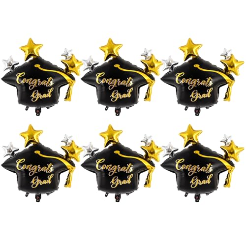 Image of 6 Pcs Graduation Cap Balloons, Large Academic Cap Shaped Black Mylar Graduation Foil Balloons, Grad Hat balloons for 2026 Graduation Party Decorations (Black Gold)