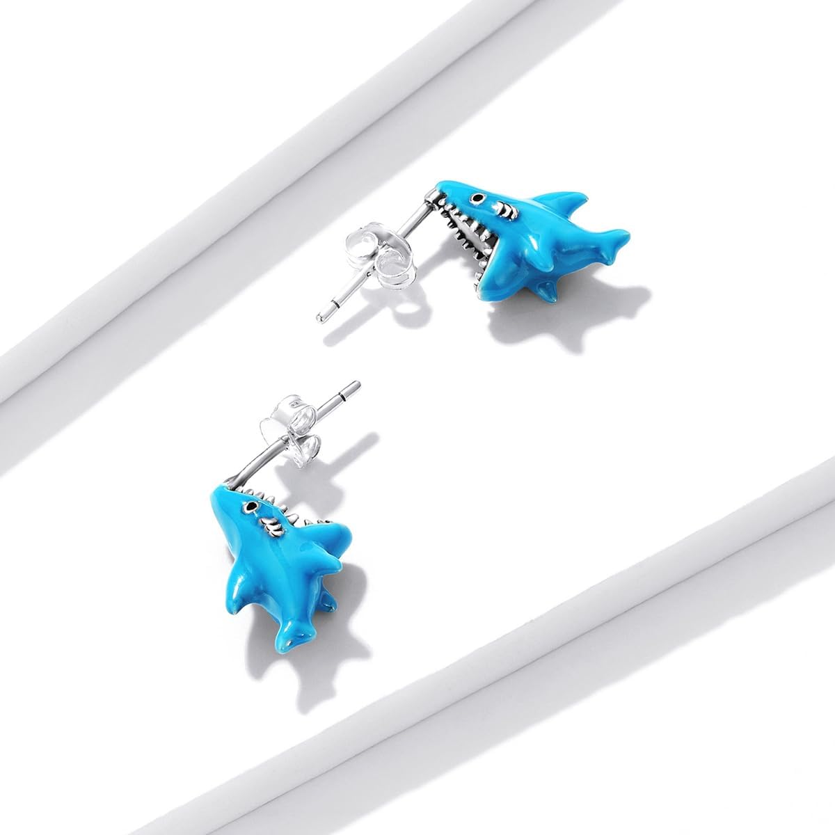 Playful Shark Stud Earrings 925 Sterling Silver Lightweight Comfortable Everyday Earrings