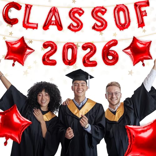 Image of Graduation Balloons, Class of 2026 Balloons, 16 Inch Red Grad Class of 2026 Letters Foil Balloon with Star Balloons, Class of 2026 Decorations for High School College Graduation Party Decorations