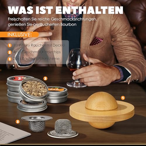 Whisky Raucher Kit, Cocktails Raucher Infuser Kit mit 2 Stück Edelstahl Mesh Filterschalen, 4 Geschmack Holz Chips, Altmodische Bourbon Getränk Raucher Set, Weihnachtstag Geschenkidee für Papa Mama