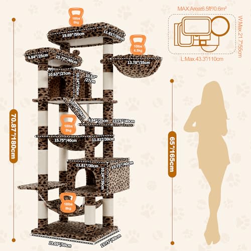 Image of Heybly Cat Tree, 71-Inch-Tall Tower for Indoor Cats with 2 Perches HCT034BW | Large Cat Furniture with 2 Big Condos, 2 Hammocks, Basket, Scratching Pad, Multi-Level Cat Condo, Leopard Print