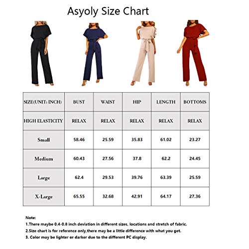Asyoly Summer Jumpsuits for Women Casual Loose Short Sleeve Crew Neck Long Pants Belted Wide Legs Small Apricot