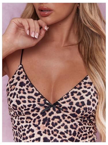 Women's Y2K Leopard Cami V Neck Sleeveless Cami Crop Top Cheetah Spaghetti Strap Tank Top Bow Slim Fit Tops4