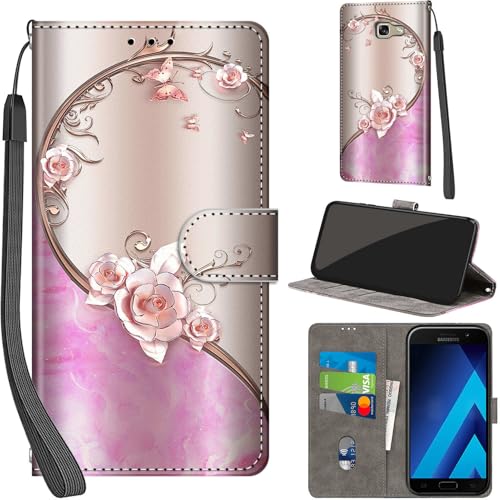 Handyhülle für Samsung Galaxy A5 2017 Hüllen Premium Leder Case Klappbar Wallet Magnet Kartenfach Standfunktion Schutzhülle kompatibel mit Samsung A5 2017 Cover Rose
