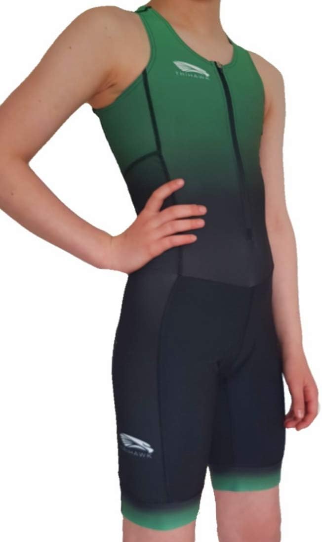 Trihawk Kids Triathlon Suit. WATER REPELLENT FAST DRYING SPECIALIST FABRIC With Child Specific Triathlon Cycle Pad. Numerous Colours. Unisex. Black/Green