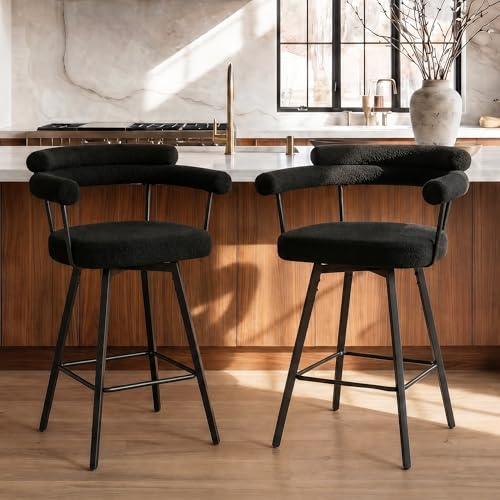 Image of STHOUYN 26 inch Black Swivel Bar Stools Set of 2, Modern Boucle Counter Height Bar Stools with High Back and Metal Legs, Upholstered Bar Chairs Barstools for Kitchen Island, Dining Room (2, Black)
