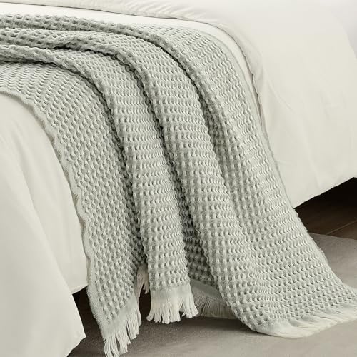 CREVENT Farmhouse Boho Strickdecke für Couch, Sofa, Sessel, Bett, Wohnraumdekoration, weich, warm, kuschelig, leicht, für Frühling, Sommer, Herbst (127 cm x 152 cm, Waffelgrün) – Bild 3