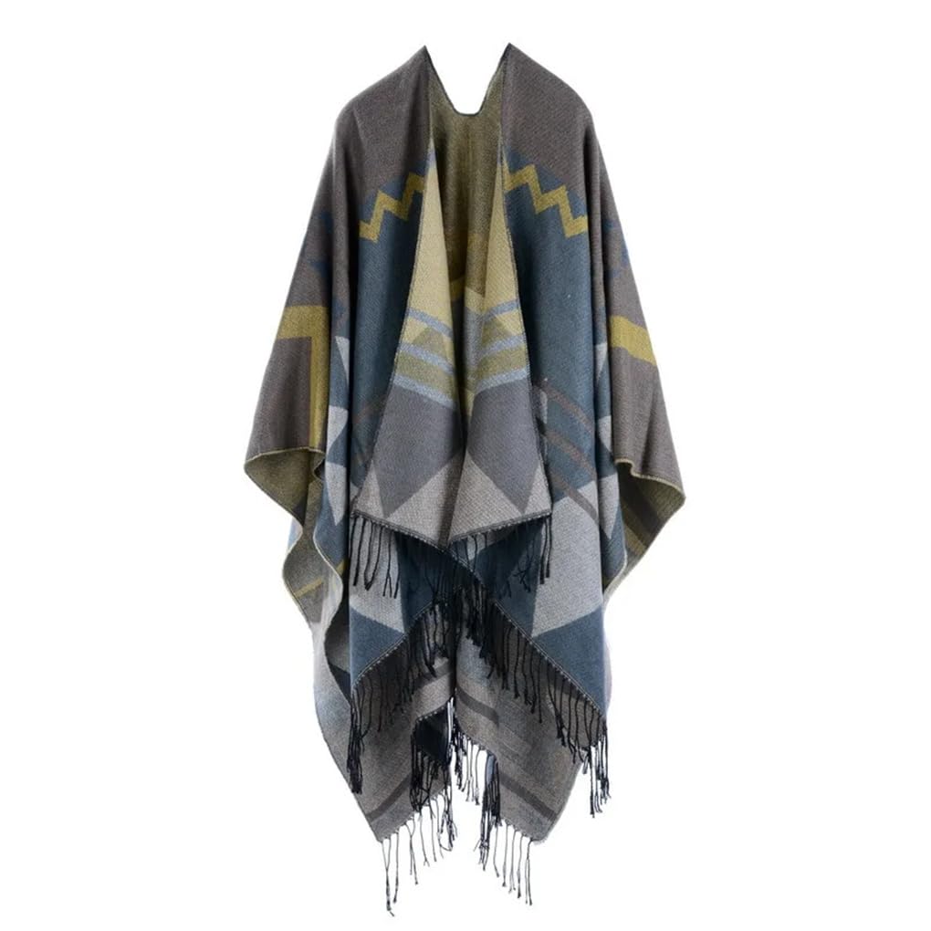 Dninmim Femmes Jacquard Tassel Pull Châle Automne Hiver Double Face Poncho Cape Écharpe Manteau