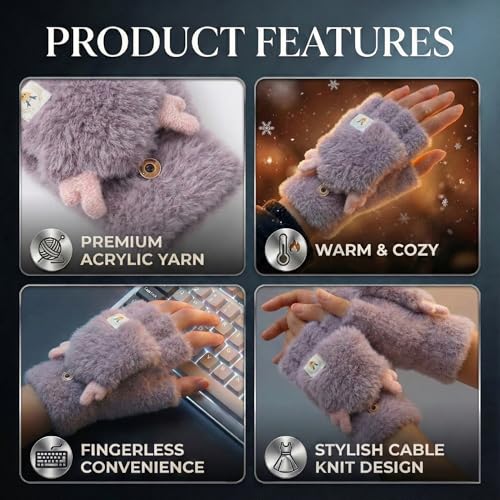 Image of Kraptick Women's Cute Reindeer Plush Convertible Fingerless Gloves - Winter Warm Fluffy Flip-Top Mittens - Korean Style Soft Hand Warmers for Girls & Ladies (Free Size, White)-3