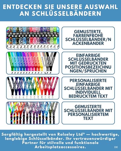 Rolseley Personalisierbares Umhängeband mit aufgedrucktem Text (Weiß/Silber) mit Sicherheitsverschluss - Schwarzes Schlüsselband mit individuellem Text