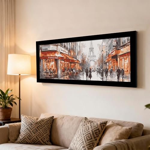 Image of PAINTINGMANTRA Paris City Street with Eiffel Tower View Wall Art Framed Luxury Paintings for Home Decoration, Living room, Bedroom and Office Decoration (99x38 CM)